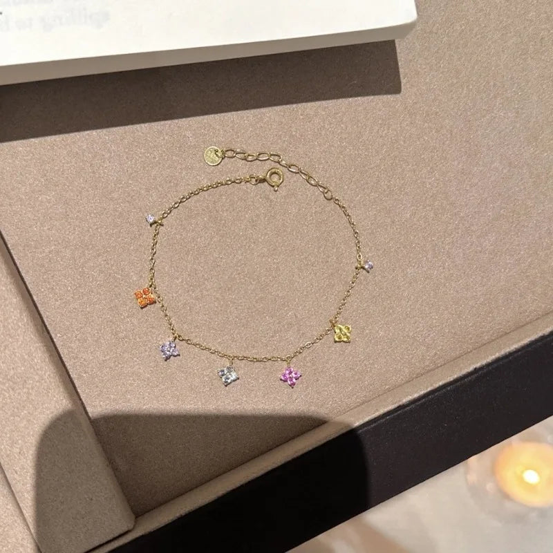 2025 New Colored Crystal Flower Pendant Bracelet Women Fashion Personality Stainless Steel Bracelet Korean Jewelry Accessories