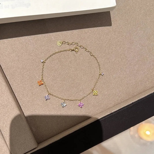 2025 New Colored Crystal Flower Pendant Bracelet Women Fashion Personality Stainless Steel Bracelet Korean Jewelry Accessories